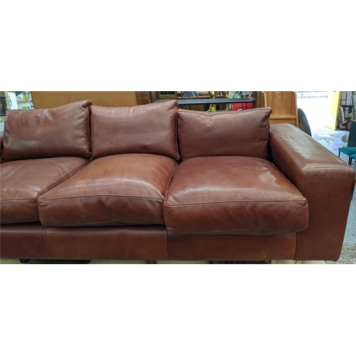 335 - TAN LEATHER SOFA, 250cm W x 70cm H x 99cm D.