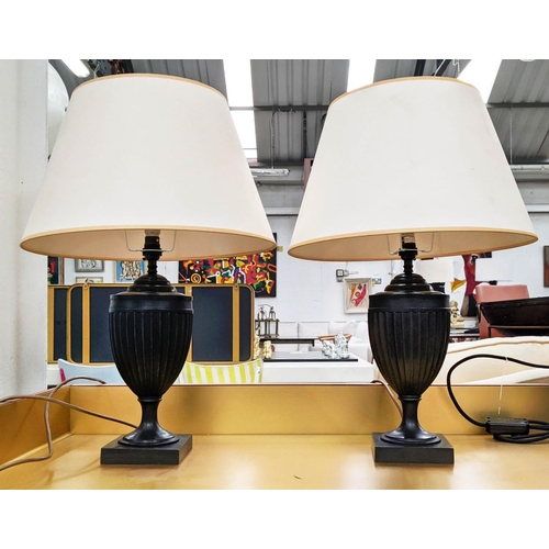 331 - URN SHAPED METAL LAMPS, a pair, each 61cm H including shades. (2)