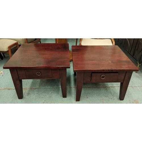 332 - LOW SIDE TABLES, a pair, 70cm sq. x 51cm H, dark wood, each with a drawer. (2)