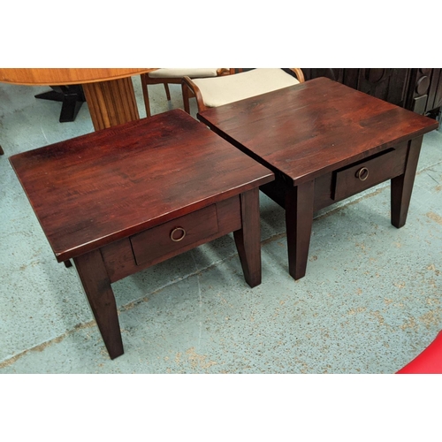 332 - LOW SIDE TABLES, a pair, 70cm sq. x 51cm H, dark wood, each with a drawer. (2)