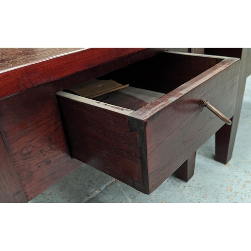 332 - LOW SIDE TABLES, a pair, 70cm sq. x 51cm H, dark wood, each with a drawer. (2)