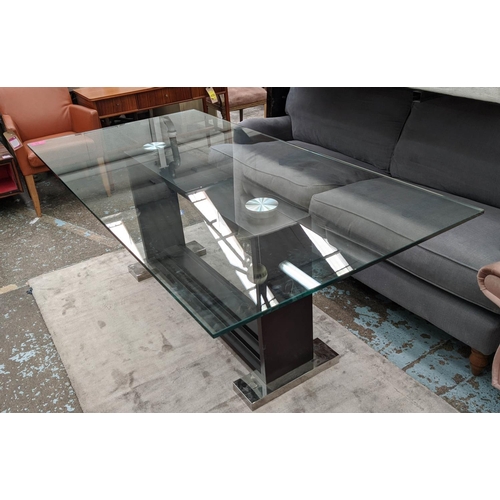 353 - DINING TABLE, 200cm x 100cm x 74cm, contemporary glass topped design, on stepped central support.