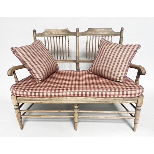 225 - HALL SEAT, 19th century English sycamore framed and rush seated with raspberry check cushions, 117cm... 