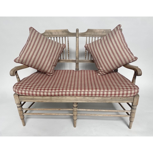 225 - HALL SEAT, 19th century English sycamore framed and rush seated with raspberry check cushions, 117cm... 