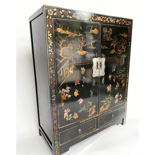 270 - MARRIAGE CABINET, traditional Chinese lacquered and gilt decorated with two doors enclosing full han... 