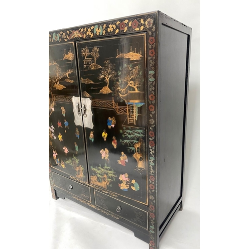 270 - MARRIAGE CABINET, traditional Chinese lacquered and gilt decorated with two doors enclosing full han... 