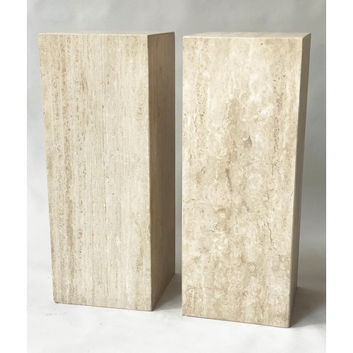 100 - PEDESTALS, a pair, 1970s Italian travertine marble, 35cm x 35cm x 90cm H.