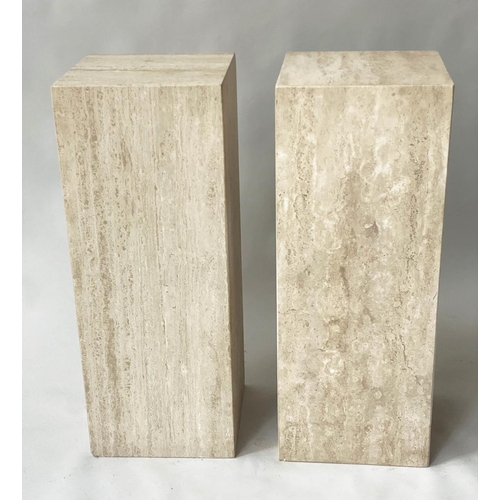 100 - PEDESTALS, a pair, 1970s Italian travertine marble, 35cm x 35cm x 90cm H.