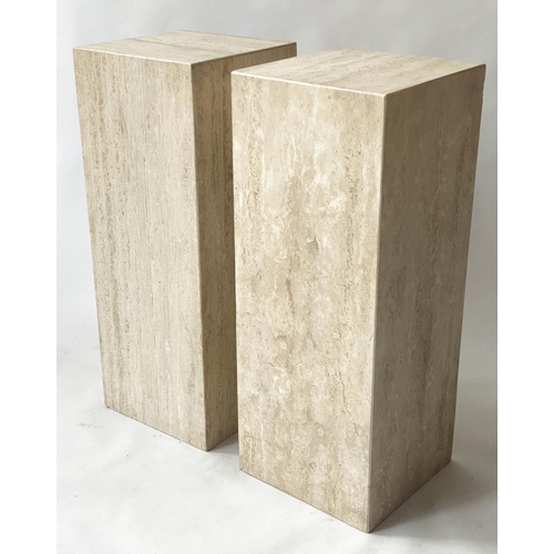 100 - PEDESTALS, a pair, 1970s Italian travertine marble, 35cm x 35cm x 90cm H.