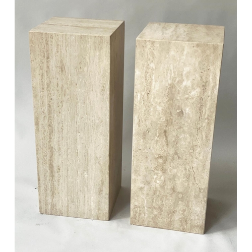 100 - PEDESTALS, a pair, 1970s Italian travertine marble, 35cm x 35cm x 90cm H.