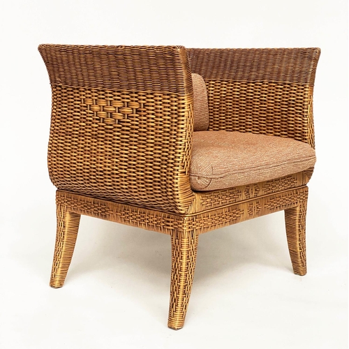 102 - RATTAN ARMCHAIR, 1970s rattan framed and decoratively woven cane panelled, with cushions, 71cm W.