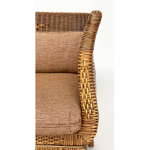 102 - RATTAN ARMCHAIR, 1970s rattan framed and decoratively woven cane panelled, with cushions, 71cm W.