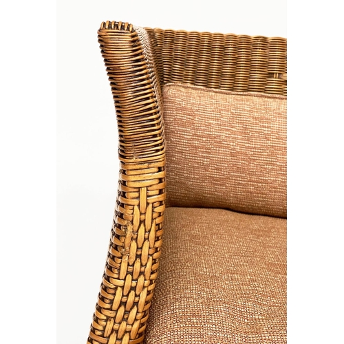 102 - RATTAN ARMCHAIR, 1970s rattan framed and decoratively woven cane panelled, with cushions, 71cm W.