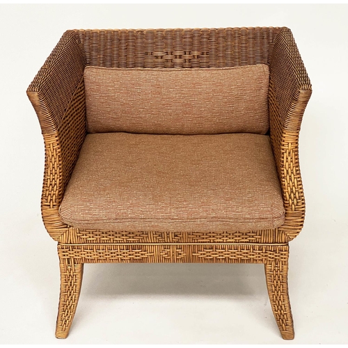 102 - RATTAN ARMCHAIR, 1970s rattan framed and decoratively woven cane panelled, with cushions, 71cm W.