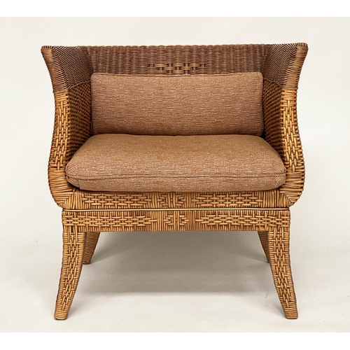 102 - RATTAN ARMCHAIR, 1970s rattan framed and decoratively woven cane panelled, with cushions, 71cm W.