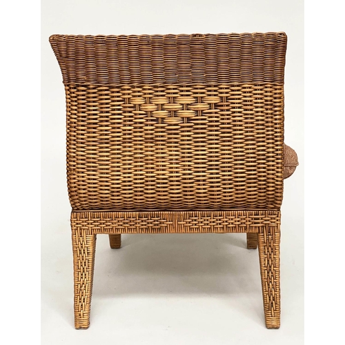 102 - RATTAN ARMCHAIR, 1970s rattan framed and decoratively woven cane panelled, with cushions, 71cm W.