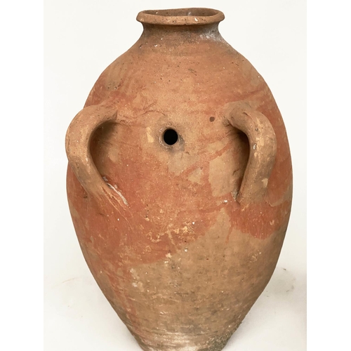 103 - OLIVE JARS, two Mediterranean terracotta of typical form, one with green glaze, 65cm H x 53cm H. (2)