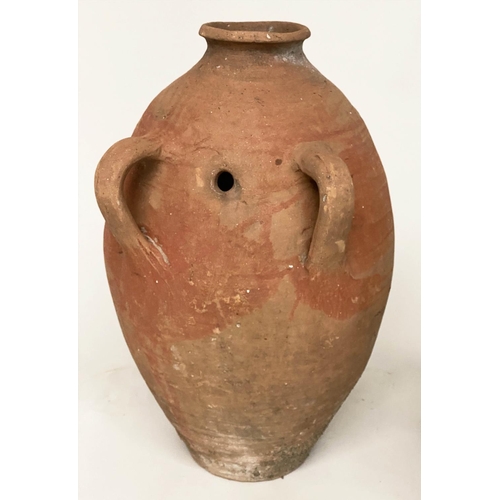 103 - OLIVE JARS, two Mediterranean terracotta of typical form, one with green glaze, 65cm H x 53cm H. (2)