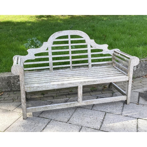 104 - LUTYENS STYLE BENCH, well weathered teak and slatted after a design by Sir Edwin Lutyens, 166cm W.