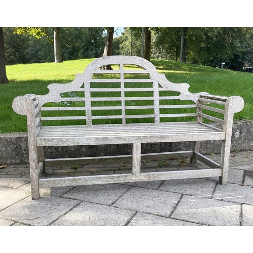 104 - LUTYENS STYLE BENCH, well weathered teak and slatted after a design by Sir Edwin Lutyens, 166cm W.