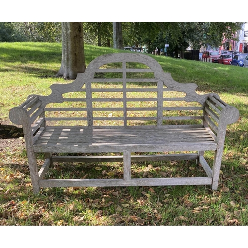 104 - LUTYENS STYLE BENCH, well weathered teak and slatted after a design by Sir Edwin Lutyens, 166cm W.