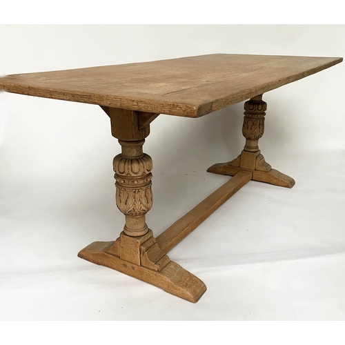 109 - DINING TABLE, vintage solid oak planked and cleated on two trestles and stretcher, 83cm D x 183cm W ... 