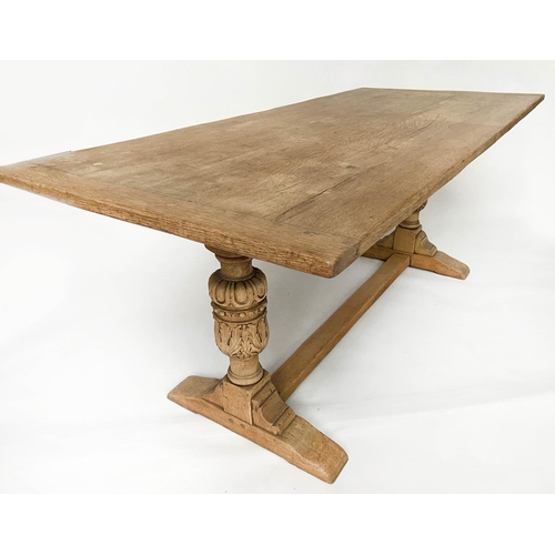 109 - DINING TABLE, vintage solid oak planked and cleated on two trestles and stretcher, 83cm D x 183cm W ... 