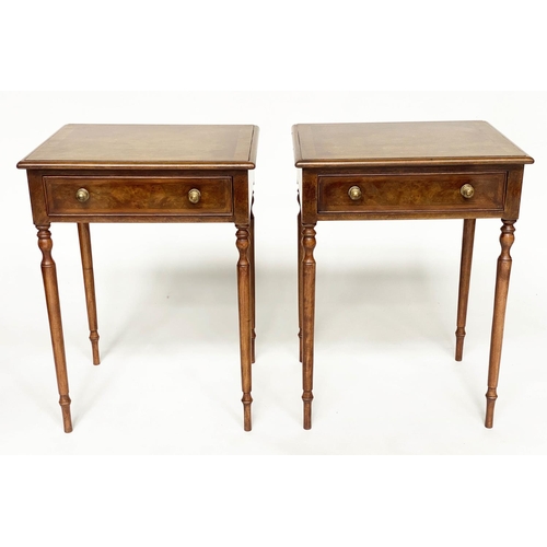 112 - LAMP TABLES, a pair, George III design burr walnut each with single drawer and turned supports, 57cm... 