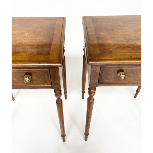 112 - LAMP TABLES, a pair, George III design burr walnut each with single drawer and turned supports, 57cm... 