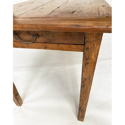 113 - FARMHOUSE TABLE, 19th century French cherrywood planked with end drawer and tapering supports, 168cm... 