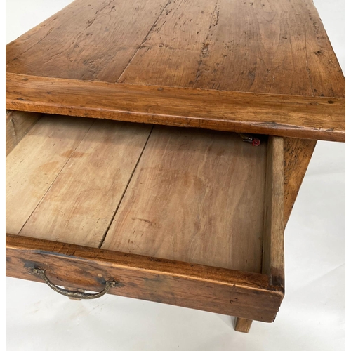 113 - FARMHOUSE TABLE, 19th century French cherrywood planked with end drawer and tapering supports, 168cm... 