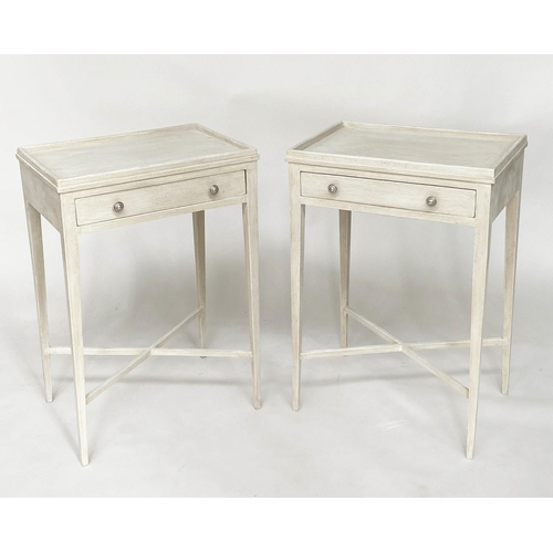 114 - LAMP TABLES, a pair, Scandinavian style each galleried and with a frieze drawer and slender supports... 