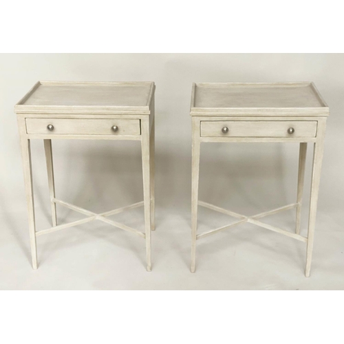 114 - LAMP TABLES, a pair, Scandinavian style each galleried and with a frieze drawer and slender supports... 