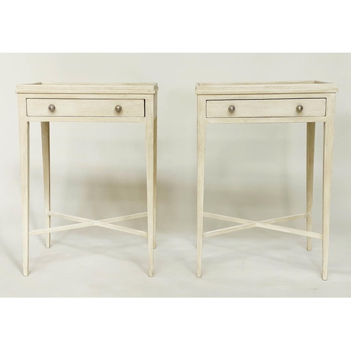 114 - LAMP TABLES, a pair, Scandinavian style each galleried and with a frieze drawer and slender supports... 