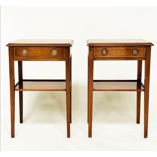 116 - LAMP TABLES, a pair, Georgian design mahogany and satinwood crossbanded each with frieze drawer and ... 