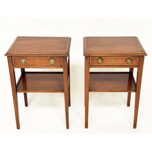 116 - LAMP TABLES, a pair, Georgian design mahogany and satinwood crossbanded each with frieze drawer and ... 