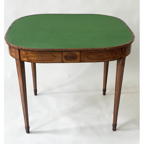 121 - CARD TABLE, George III of D outline and baize lined,  mahogany, satinwood and tulip wood crossbanded... 