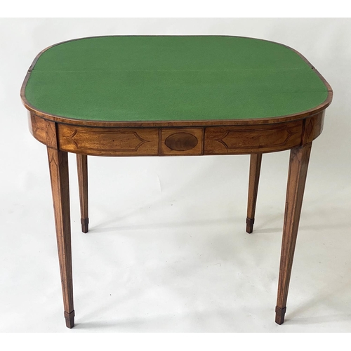 121 - CARD TABLE, George III of D outline and baize lined,  mahogany, satinwood and tulip wood crossbanded... 