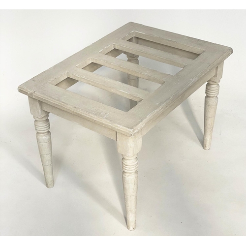 125 - LUGGAGE STAND, 46cm H x 65cm x 48cm, 19th century slatted and grey painted with tapering supports.