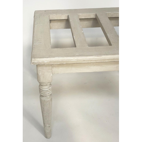 125 - LUGGAGE STAND, 46cm H x 65cm x 48cm, 19th century slatted and grey painted with tapering supports.