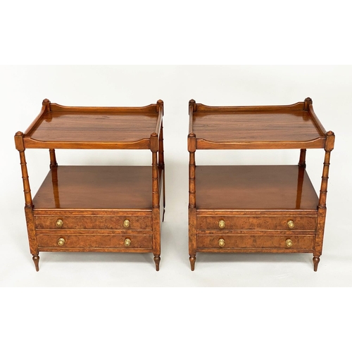 126 - LAMP TABLES, a pair, George III design figured walnut each galleried with two drawers and undertier,... 