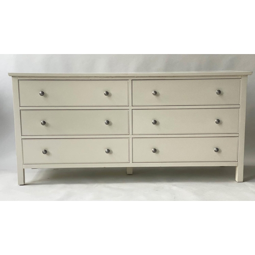 137 - LOW CHEST, 73cm H x 152cm x 49cm, white lacquered of six drawers, with silvered handles and stile su... 