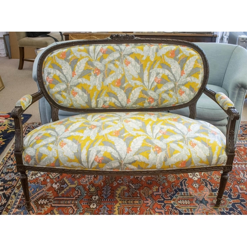 233 - CANAPE, 92cm H x 123cm, early 20th century French stained beech in new leaf patterned upholstery.