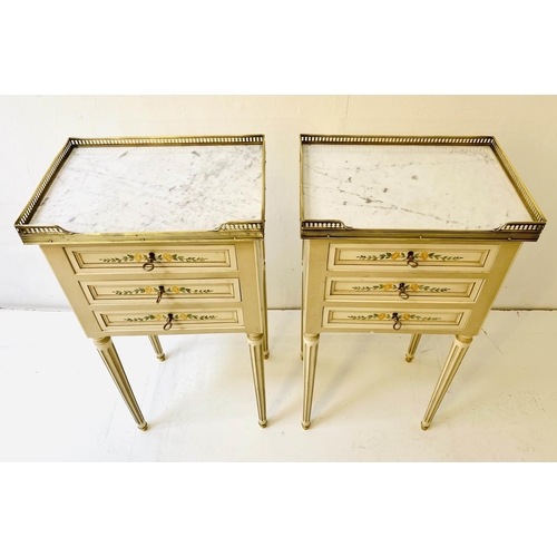 240 - TABLES DE NUIT, a pair, Louis XVI style with marble galleried tops, painted finish, each with three ... 