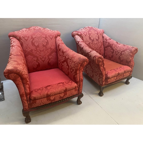 242 - ARMCHAIRS, a pair, Georgian revival in red damask upholstery with yellow seat cushions, 80cm x 90cmD... 