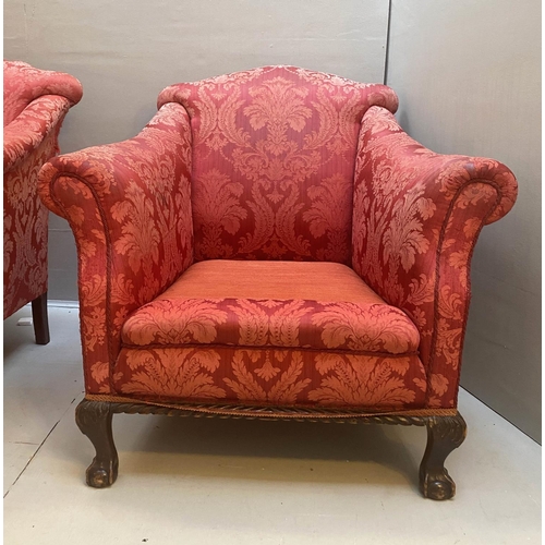 242 - ARMCHAIRS, a pair, Georgian revival in red damask upholstery with yellow seat cushions, 80cm x 90cmD... 