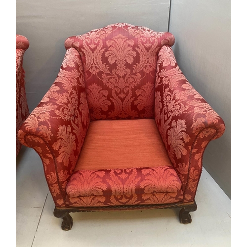 242 - ARMCHAIRS, a pair, Georgian revival in red damask upholstery with yellow seat cushions, 80cm x 90cmD... 