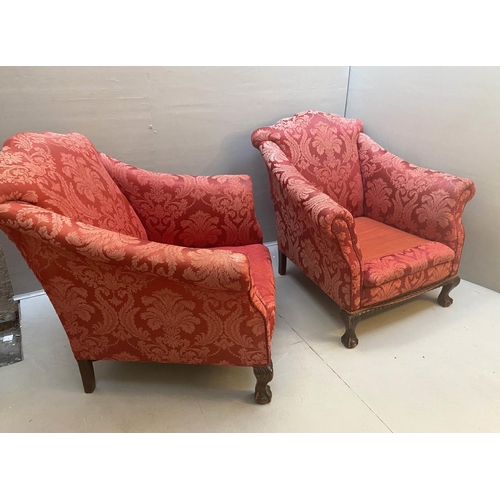 242 - ARMCHAIRS, a pair, Georgian revival in red damask upholstery with yellow seat cushions, 80cm x 90cmD... 