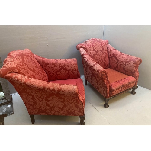 242 - ARMCHAIRS, a pair, Georgian revival in red damask upholstery with yellow seat cushions, 80cm x 90cmD... 