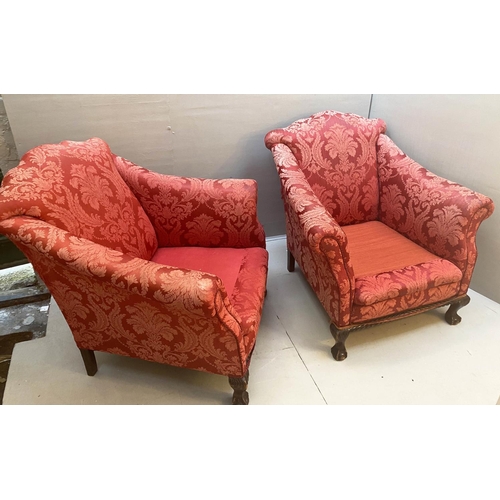 242 - ARMCHAIRS, a pair, Georgian revival in red damask upholstery with yellow seat cushions, 80cm x 90cmD... 